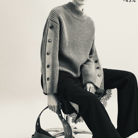 MANGO // cream ivory button detail mockneck sweater rib knit pocket - Picture 2 of 15